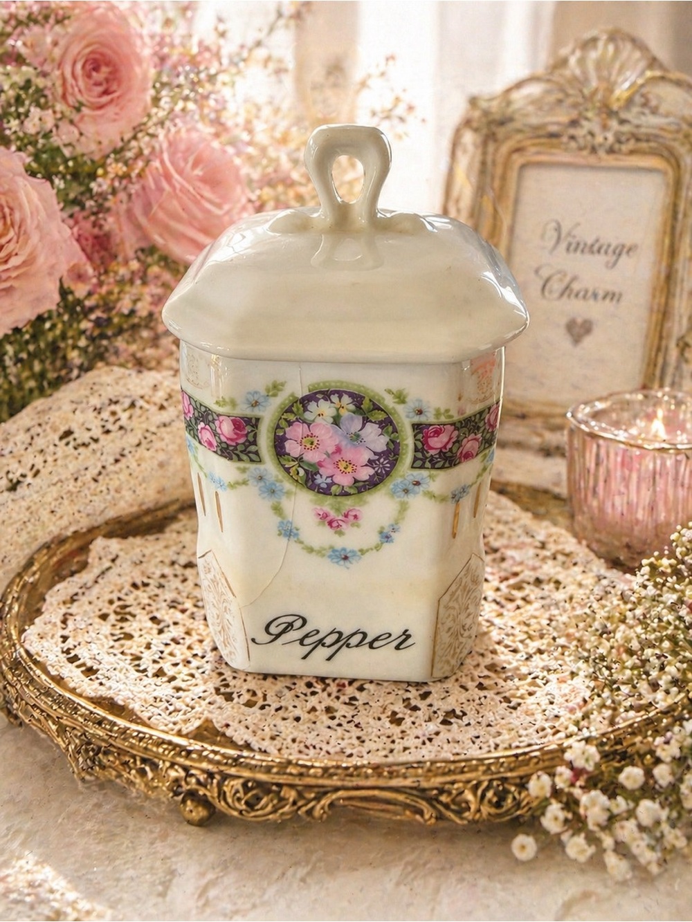 Vintage Floral Porcelain Pepper Shaker